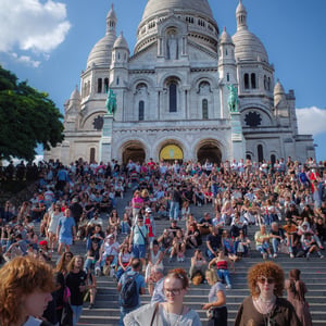 Crowds on the steps of Sacré Cœur Basilica in Paris