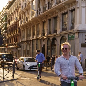 Smiling man riding green electric scooter on sunlit city street