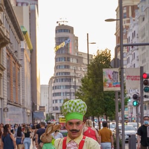 Chef street performer with straw bunny on Madrid's Gran Vía