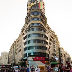 Curved Capitol building with signs on Gran Vía Madrid